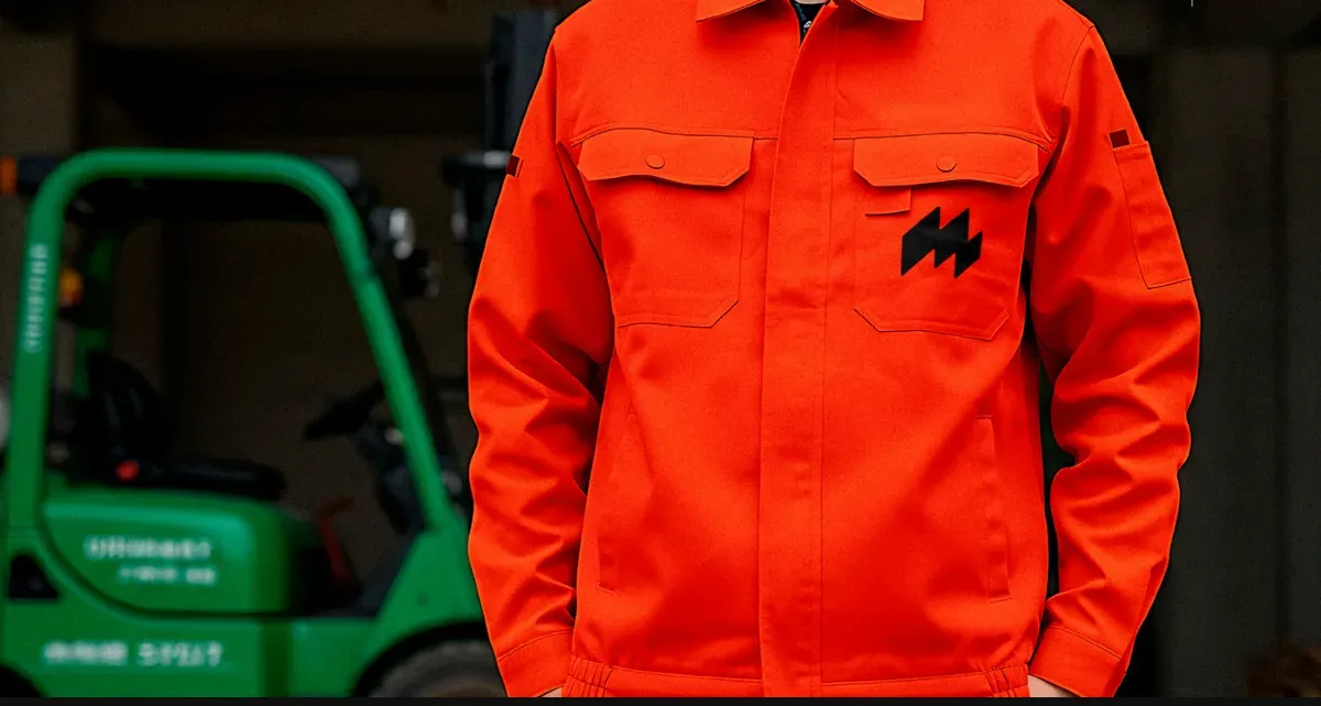 Chaqueta de trabajo naranja con el símbolo de Melercasa bordado en negro sobre el bolsillo.