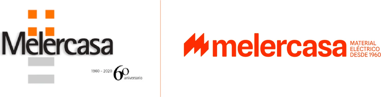 Melercasa rebrand: the old identity with a 60th anniversary badge on the left, the new orange identity on the right with the M symbol and the descriptor "material eléctrico desde 1960".
